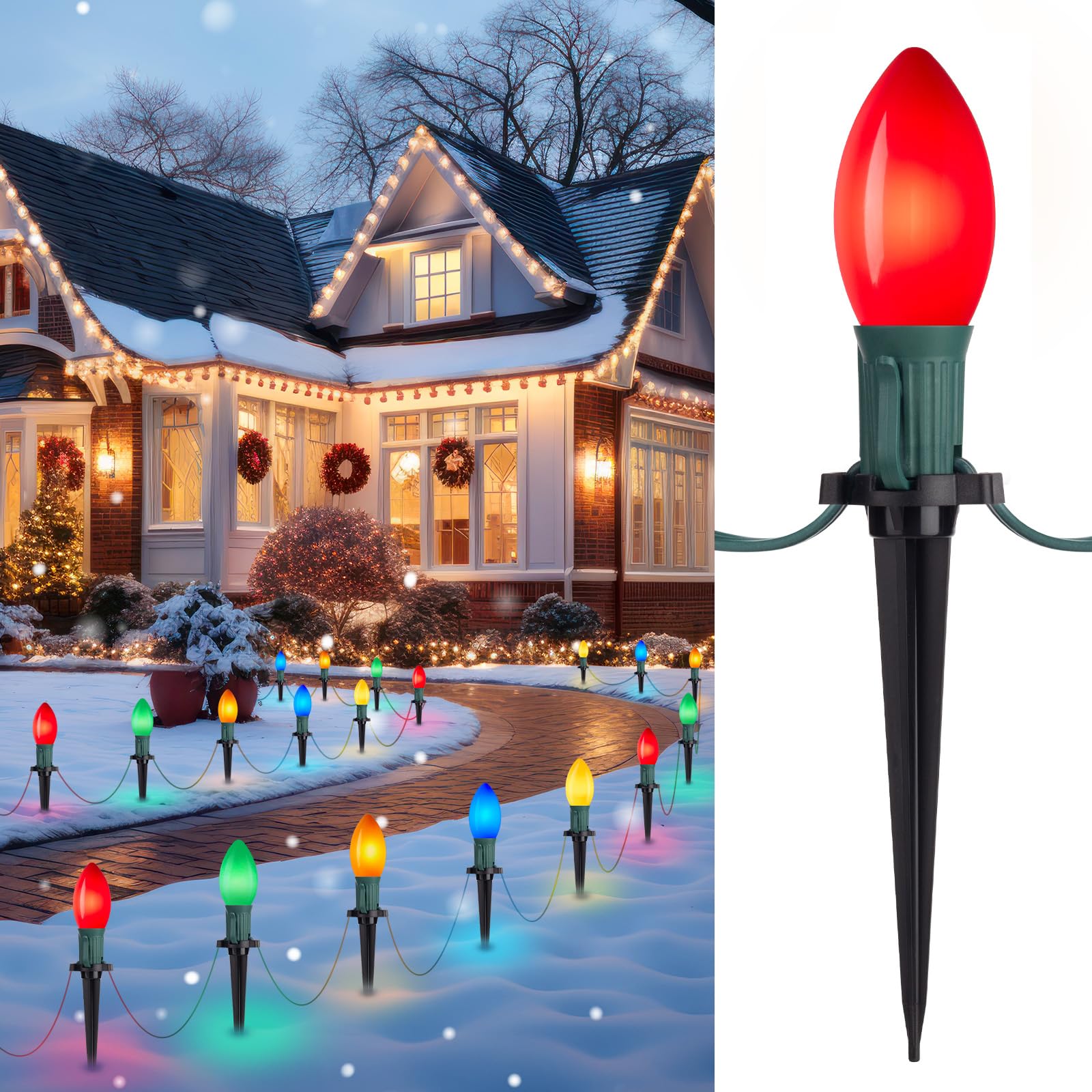 Christmas Pathway Lights Outdoor, 25.7 Feet C9 Lights with 20 Multicolor Bulbs and Stakes, Connectable Outdoor Christmas Decorations Outside Yard Walkway Sidewalk Holiday